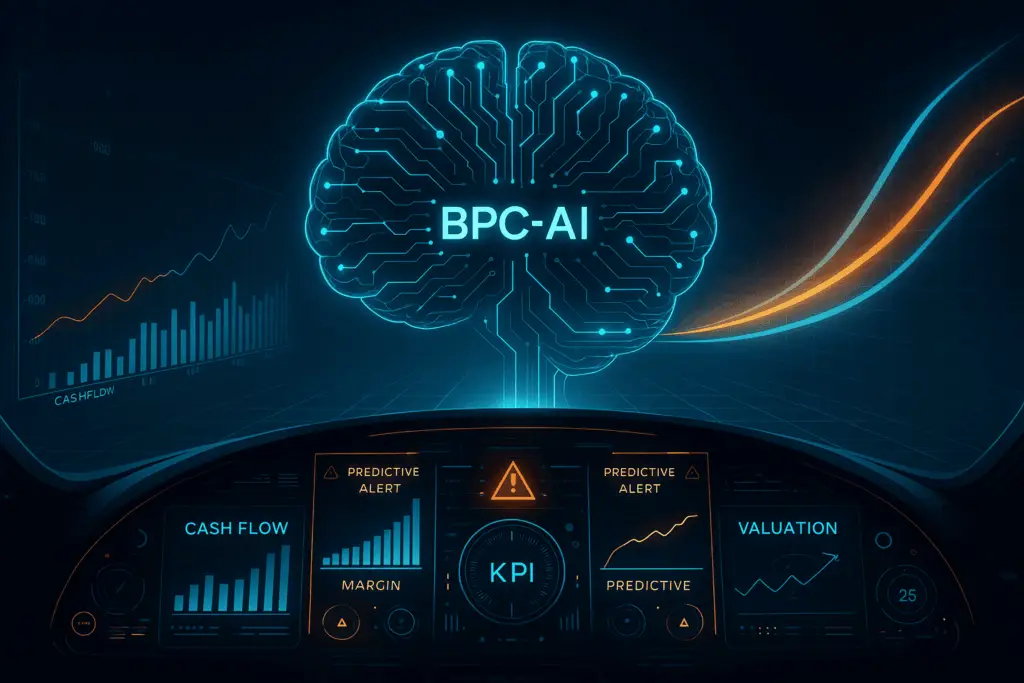 Image IA montrant un cerveau numérique avec flux lumineux et cockpit financier futuriste affichant cash-flow, margin, KPI et valorisation prédictive en temps réel.