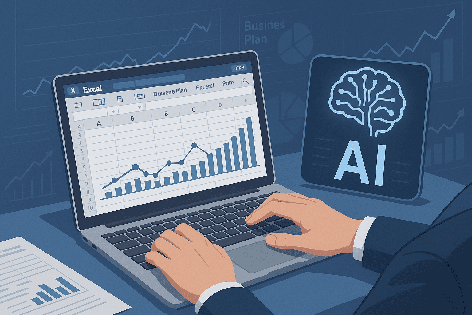 Illustration d’un dirigeant travaillant sur Excel tout en projetant l’évolution vers une gestion financière augmentée par l’IA, avec courbes de croissance, analyse prédictive et transition du tableur vers un pilotage en temps réel.