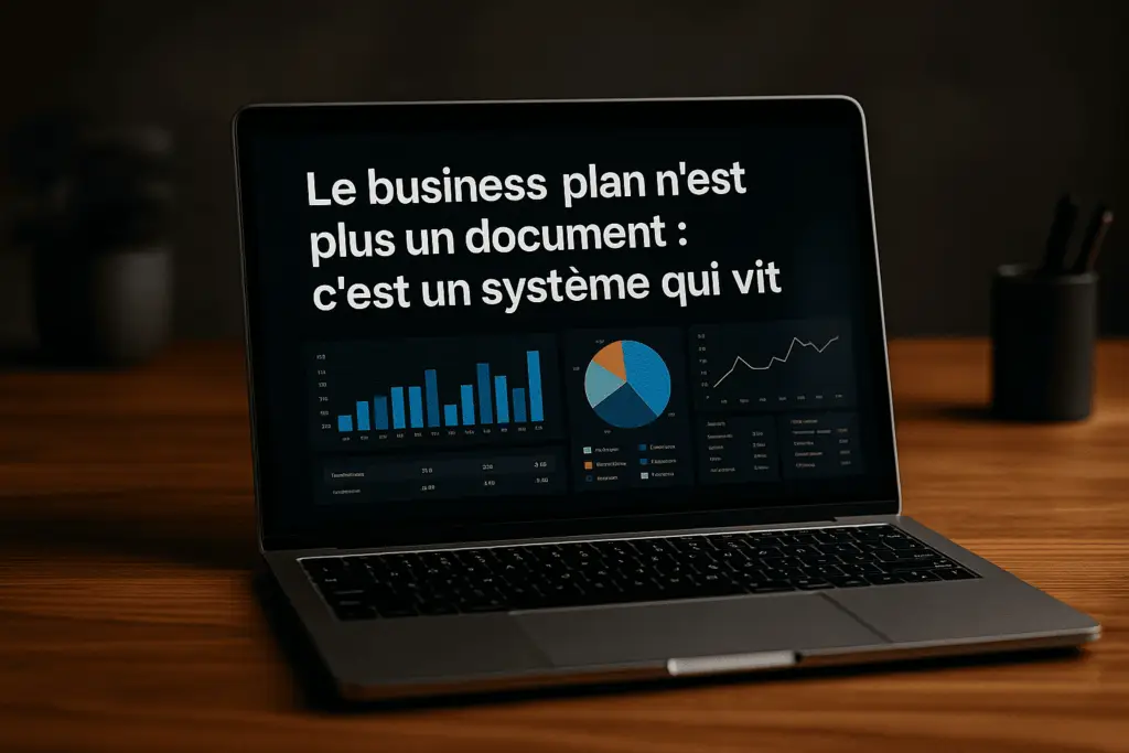 ChatGPT Image Dec 7 2025 12 05 45 AM 1 Ordinateur affichant des tableaux de bord financiers et le texte “Le business plan n’est plus un document : c’est un système qui vit” en grandes lettres blanches.