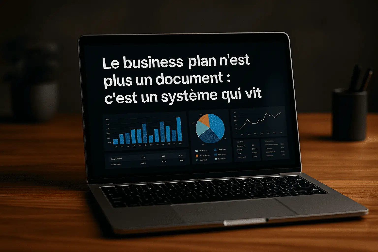 Ordinateur affichant des tableaux de bord financiers et le texte “Le business plan n’est plus un document : c’est un système qui vit” en grandes lettres blanches.