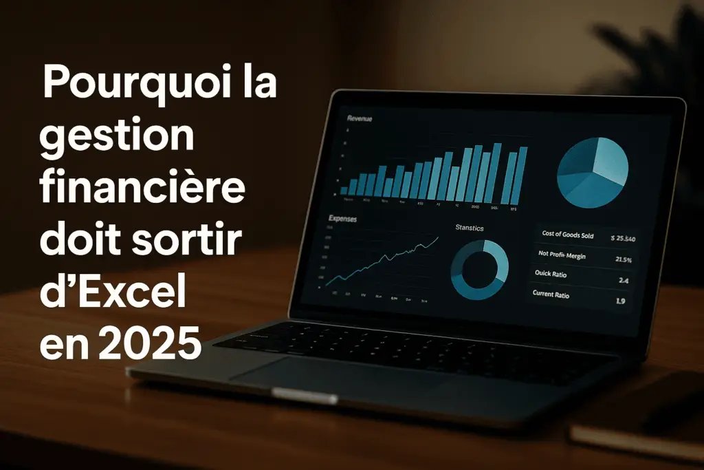 ChatGPT Image Dec 7 2025 12 09 43 AM 1 Ordinateur affichant des graphiques financiers modernes, avec le texte “Pourquoi la gestion financière doit sortir d’Excel en 2025” sur fond sombre.