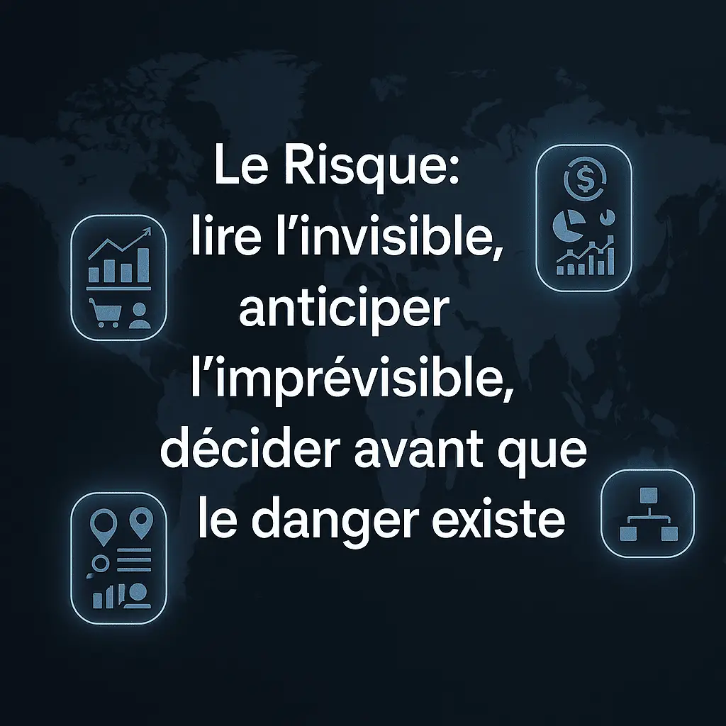 ChatGPT Image Dec 7 2025 12 17 24 AM 1 Illustration d’une carte du monde sombre avec des icônes financières lumineuses et le texte “Le Risque : lire l’invisible, anticiper l’imprévisible, décider avant que le danger existe”.