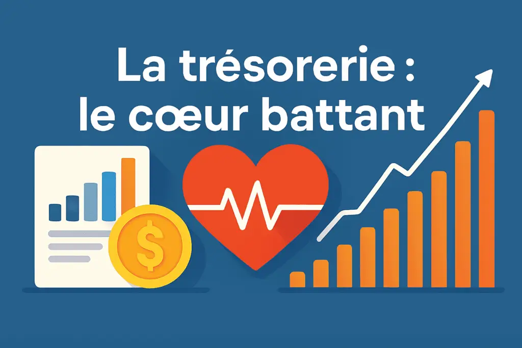 ChatGPT Image Dec 7 2025 12 24 20 AM 1 Illustration avec un cœur rouge, un électrocardiogramme, des graphiques financiers et une pièce de monnaie symbolisant la trésorerie comme cœur de l’entreprise.