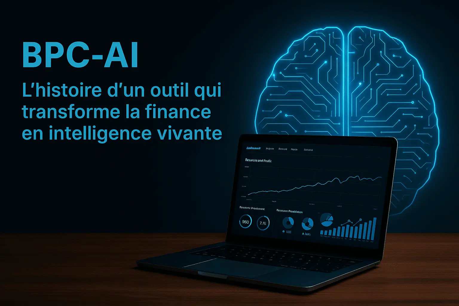Ordinateur affichant un tableau de bord financier avec un cerveau lumineux en arrière-plan et le texte “BPC-AI – L’histoire d’un outil qui transforme la finance en intelligence vivante”.