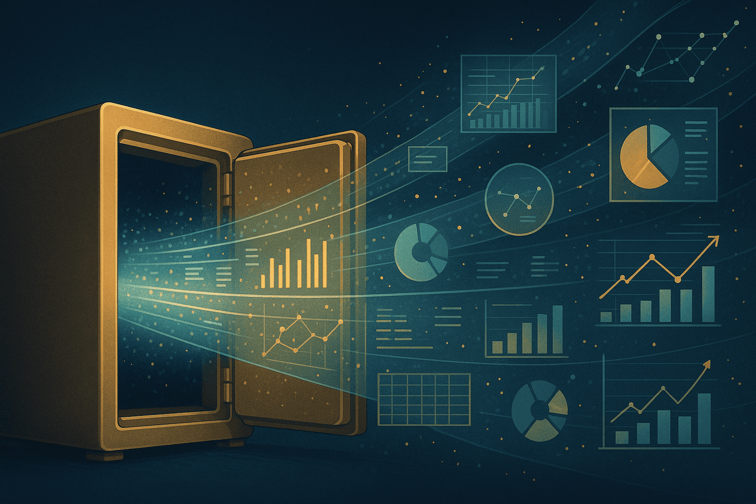 Coffre-fort horizontal ouvert laissant s’échapper des flux lumineux de données, graphiques, KPI et schémas d’analyse, symbolisant la transformation de l’information brute en intelligence financière grâce à l’IA.