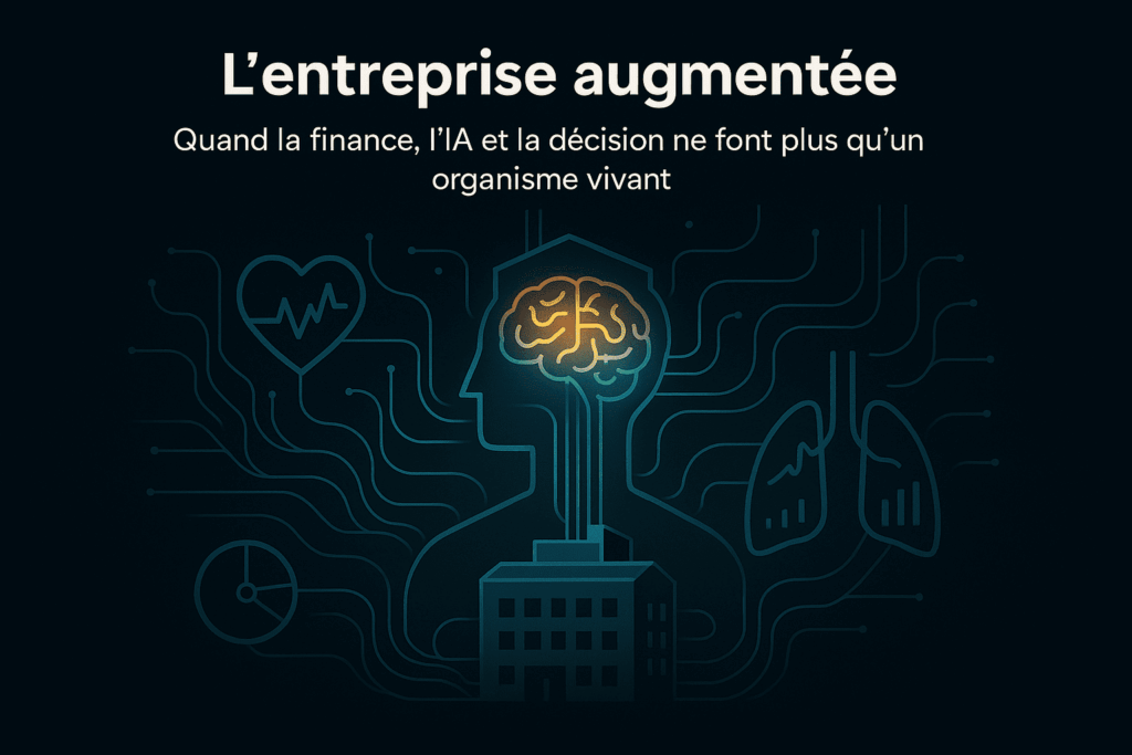 ChatGPT Image Nov 29 2025 12 33 53 PM 1 Illustration horizontale d’un bâtiment-entreprise relié à un cerveau lumineux symbolisant l’IA, avec des lignes de données circulant vers des organes graphiques (poumons, cœur, KPI). Représentation de l’entreprise augmentée où finance, données et décision forment un organisme vivant.