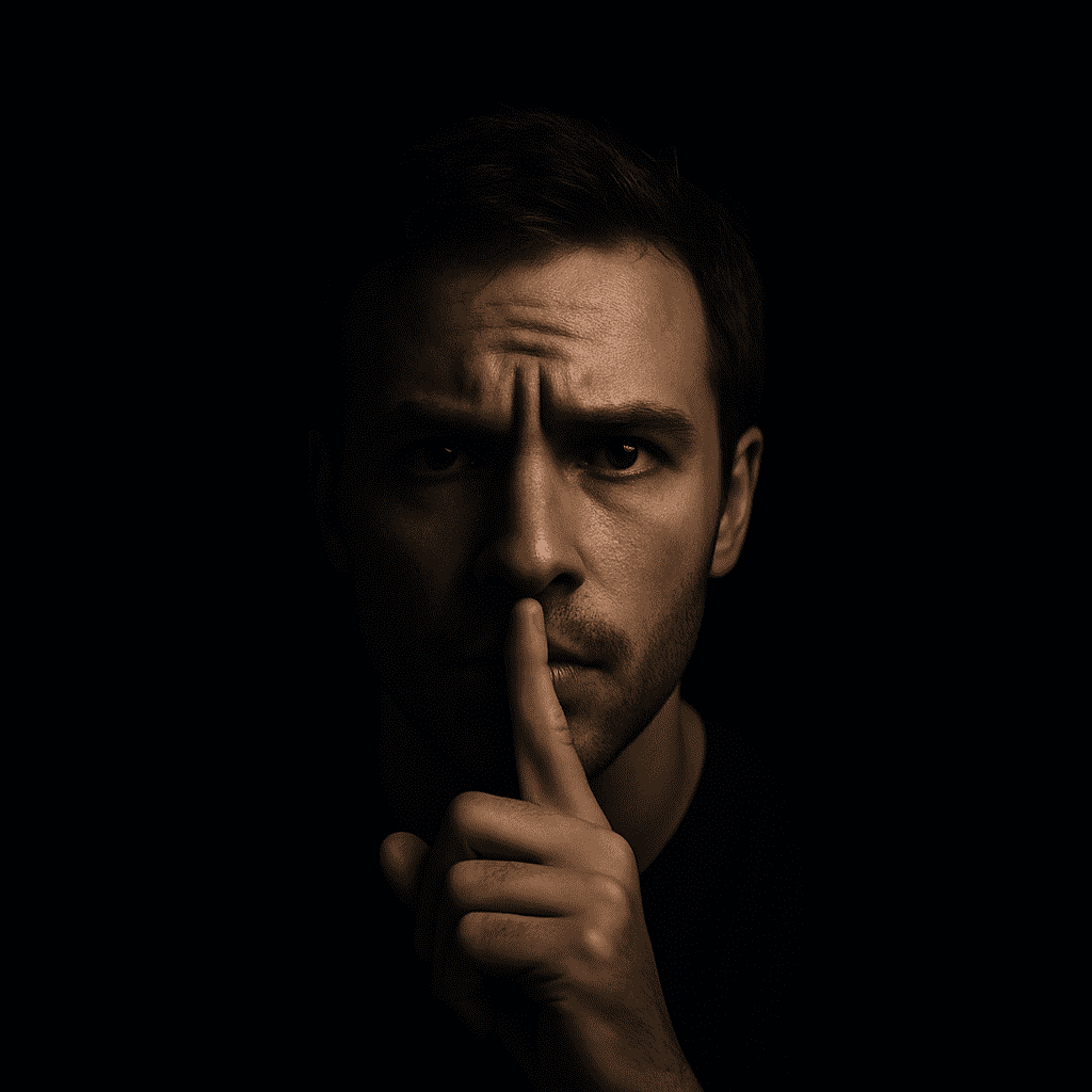 Homme dans le noir tenant un doigt devant sa bouche en signe de silence, illustrant le tabou sur l’inutilité de la majorité des études de marché.