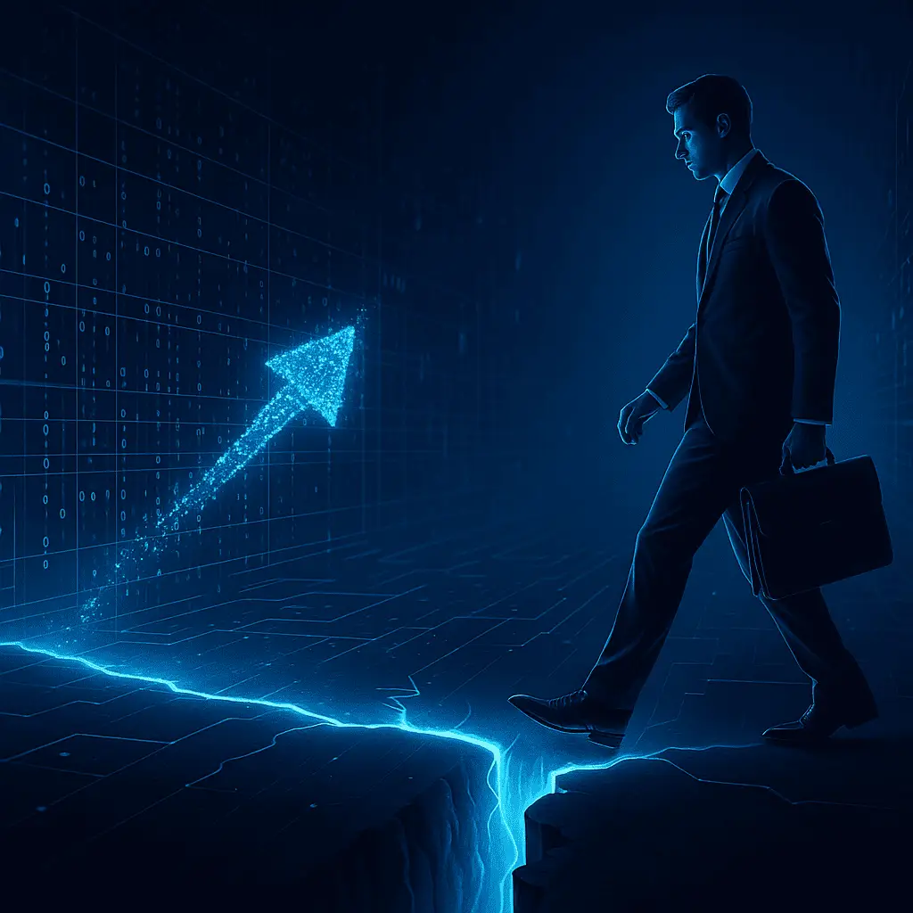 Homme d’affaires marchant dans un métro en apparence normal, sans voir la fissure rouge menaçante sous ses pieds — métaphore du risque invisible détectable par l’étude prédictive BPC-AI.