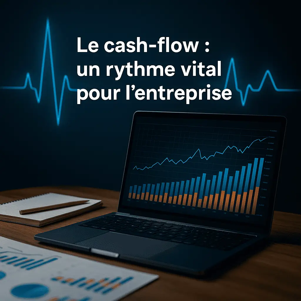 ChatGPT Image Dec 10 2025 06 14 08 PM 1 Graphique de cash-flow sur ordinateur avec ligne d’ECG symbolisant le rythme vital financier de l’entreprise.