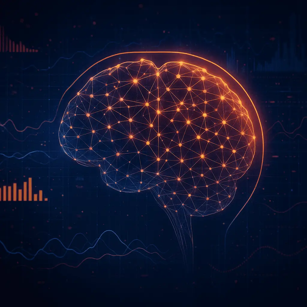 ChatGPT Image Dec 12 2025 04 49 08 PM 1 Illustration abstraite d’un cerveau numérique composé de points lumineux interconnectés, symbolisant l’analyse prédictive et l’intelligence artificielle appliquée à la gestion financière.