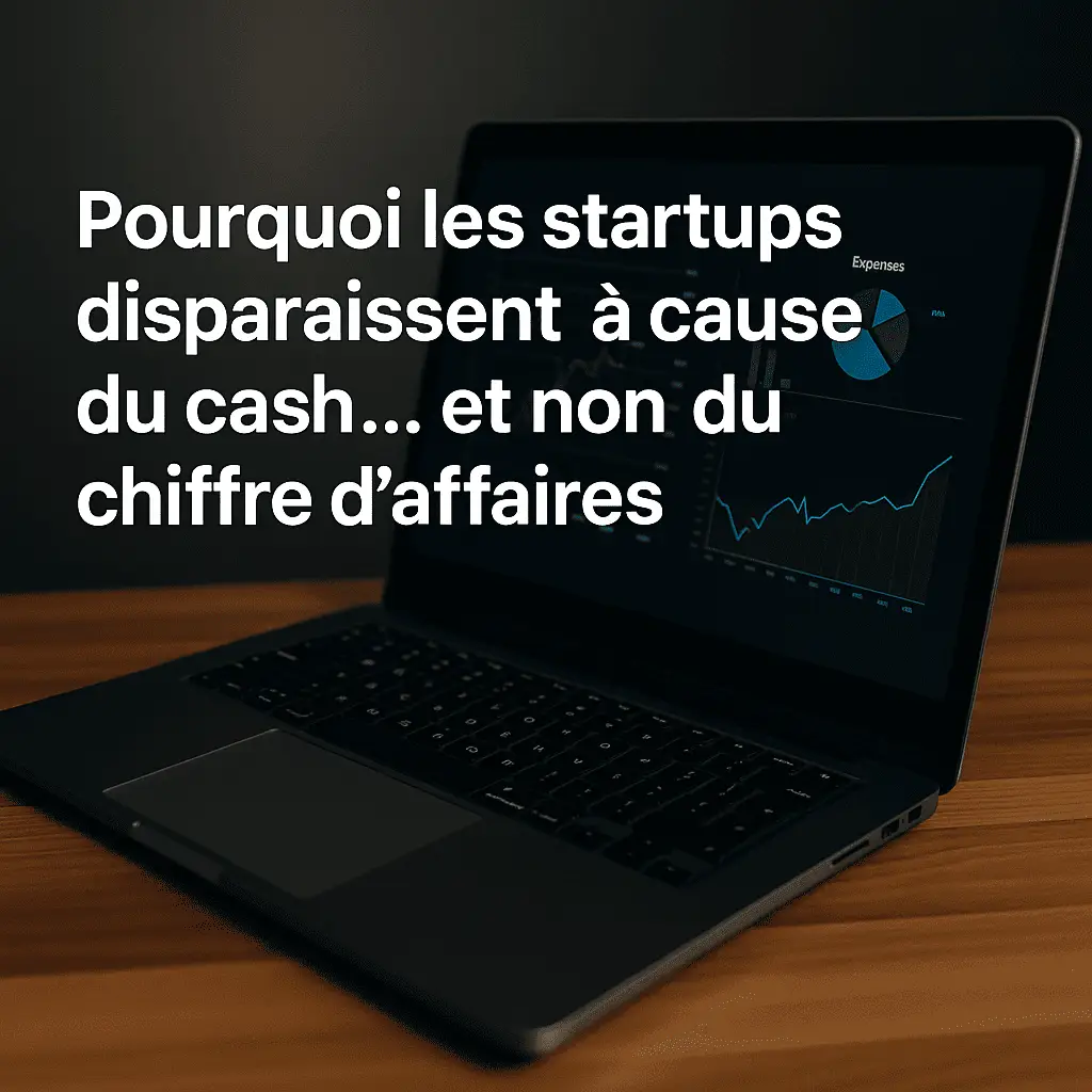 Ordinateur portable affichant des graphiques financiers, avec le titre “Pourquoi les startups disparaissent à cause du cash… et non du chiffre d’affaires” superposé en blanc sur un fond sombre.