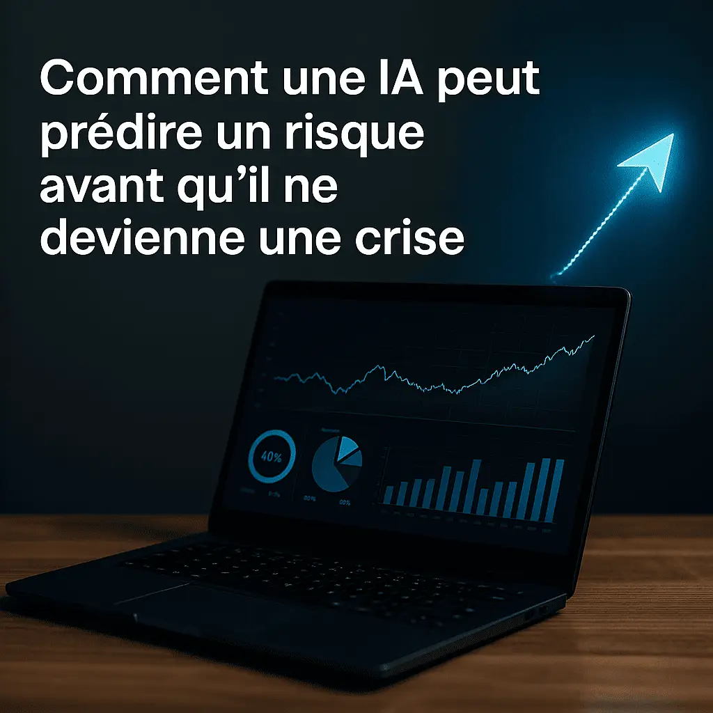 Ordinateur affichant des graphiques financiers avec une flèche lumineuse en progression et le titre “Comment une IA peut prédire un risque avant qu’il ne devienne une crise”.