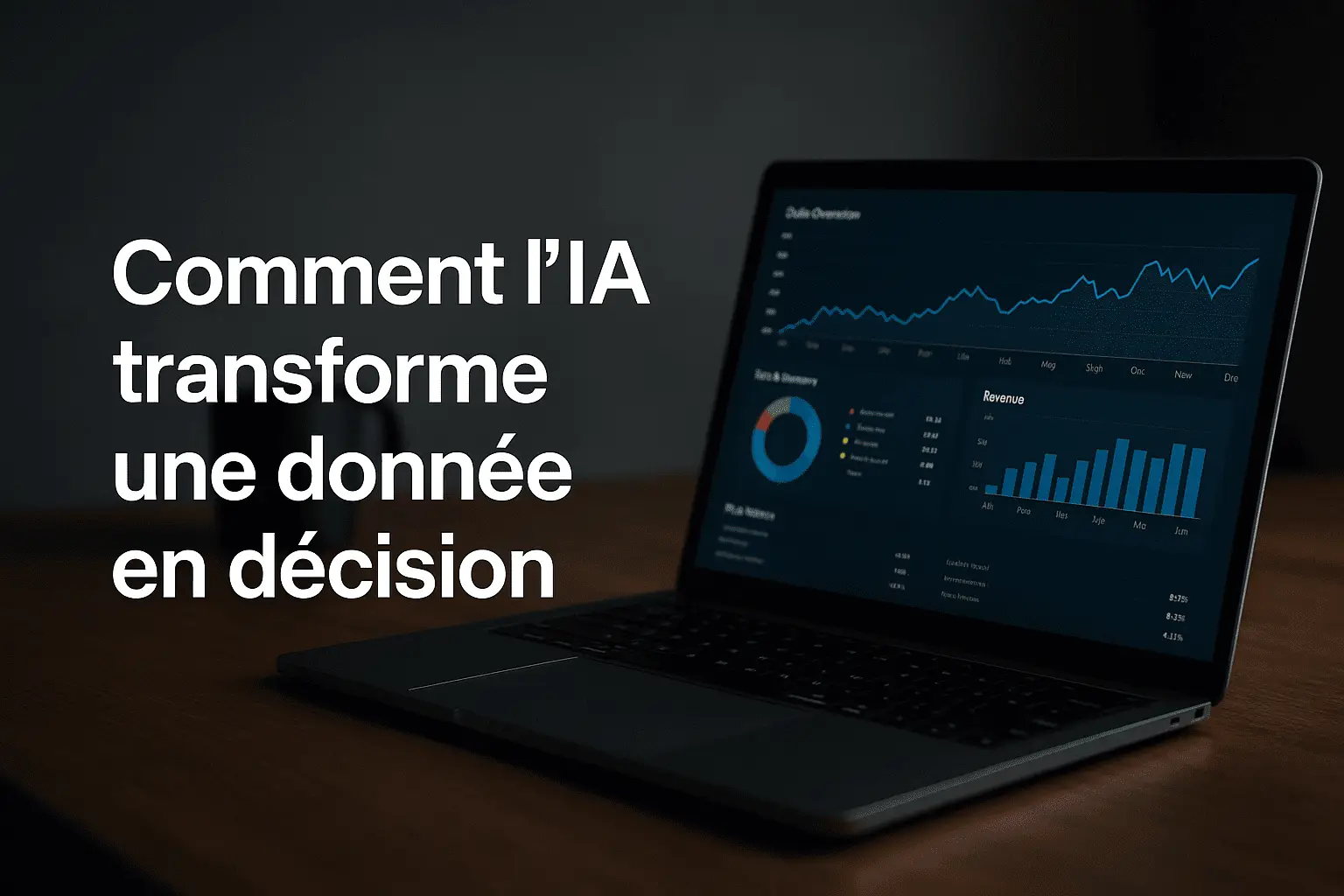 Ordinateur affichant des graphiques de données et tableau de bord, avec le texte “Comment l’IA transforme une donnée en décision” sur fond sombre.