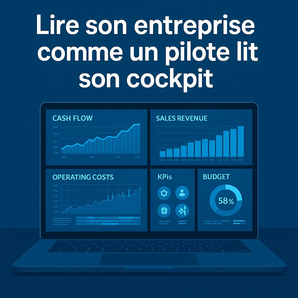 ChatGPT Image Dec 8 2025 10 51 25 PM 1 Illustration d’un ordinateur affichant un cockpit financier avec cash-flow, ventes, coûts, KPIs et budget, accompagné du titre “Lire son entreprise comme un pilote lit son cockpit”.